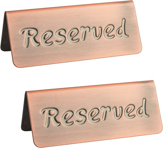 2 Pack Small Reserved Table Signs for Restaurants,Dinner Parties,Banquets,Events,Stainless Steel Table Tent Place Signs,10 Year’s Use,Etched Design,Double Sided View,4.7x1.9 In,(Vintage Red)