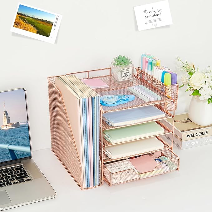 Gugsey Desk Organizer, 5-Tier Paper Letter Tray Organizer with File Holder, Drawer and Pen Holder, Desktop Organizer for Office Supplies, Rose Gold