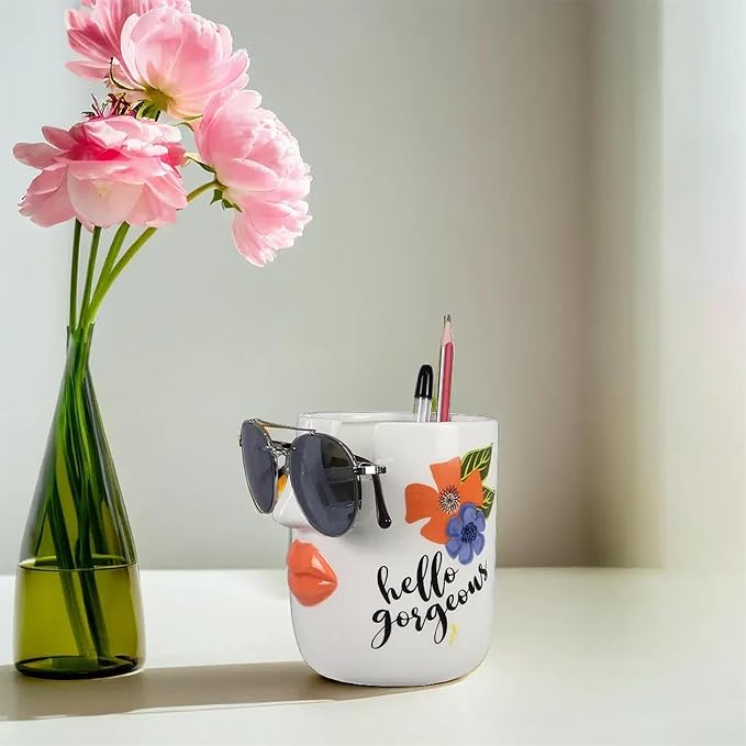 Young's Inc Ceramic Eyeglass and Stationery Holder Cup – White Face Desk Organizer with Sunglass Stand, 5 InchMulti-Purpose Accessories Organizer for Home, Office, Vanity, or Nightstand Decor