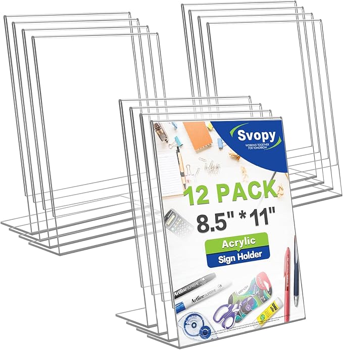 SVOPY Acrylic Sign Stand Holder - 8.5x11 Inches Plastic Acrylic Literature Holders, 12 Pack Sign Holders Suit for Flyer, Magazine, Pamphlet, Booklet Display