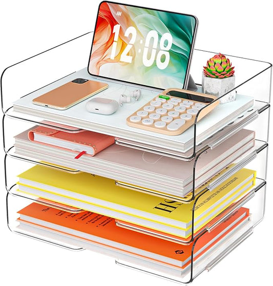YKLSLH 4 Trays Paper Organizer Letter Tray - Acrylic Desk File Organizer, Stackable Clear Paper Holder Sorter Office Organizer for Letter/A4, Office File Ipad Books Notes Etc
