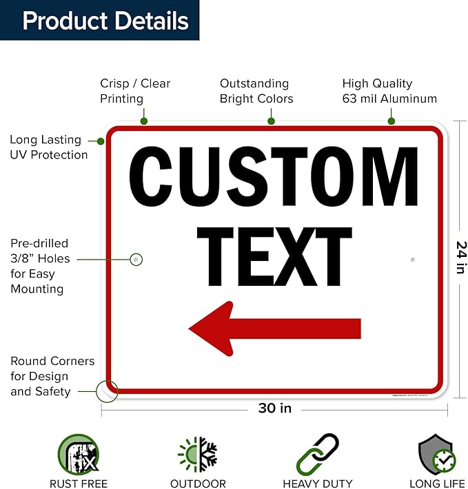Custom Arrow,Custom Directional Sign, Left Arrow,24x30 Inches, Rust Free .063 Aluminum, Fade Resistant, Made in USA by My Sign Center