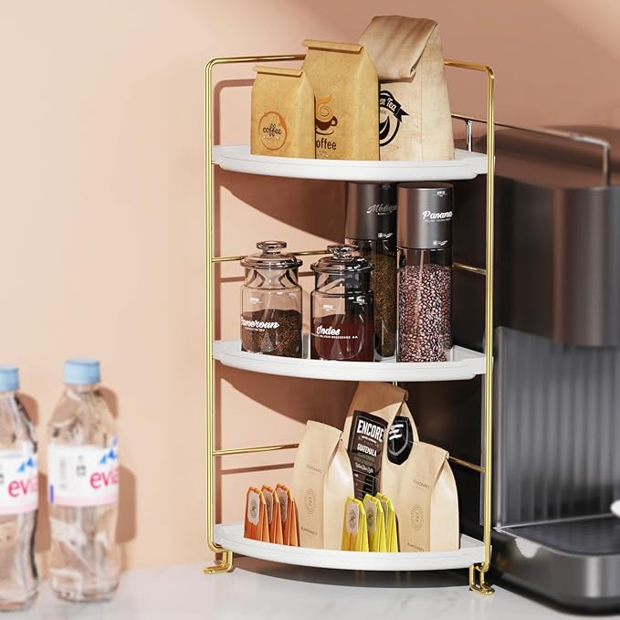 JANUS LiANG 3-Tier Bathroom Organizer Countertop, Corner Bathroom Counter Organizer, Makeup for Vanity Skincare Organizers and Storage, Kitchen Counter Organizer Perfume Organizer (Gold)
