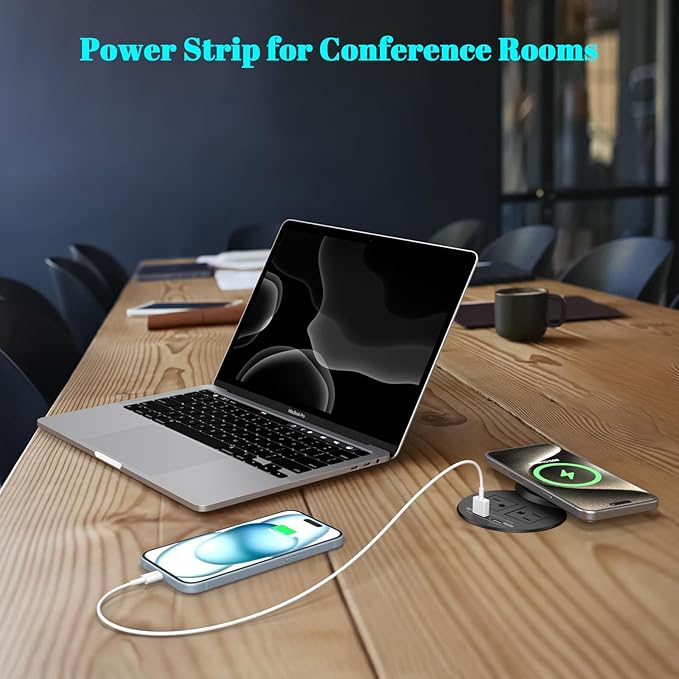 XBA PD 20W USB C Desk Power Grommet with 15W Wireless Charger Cover, Recessed Power Strip with 18W USB A and 2 AC Outlets,Hidden Power Outlets with 6FT Cords for Office, Home, Conference(Black)
