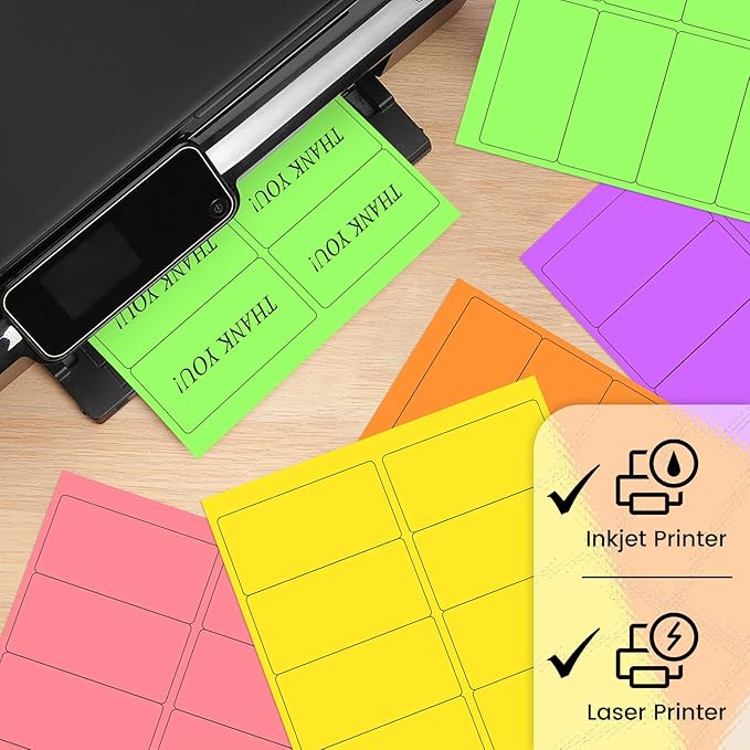 THEBLUETOUCH 2" x 4" Colored Labels Stickers, 5 Bright Colors Assorted Neon Labels for Laser/Inkjet Printers, 250 Printable Address Stickers (25 Sheets)
