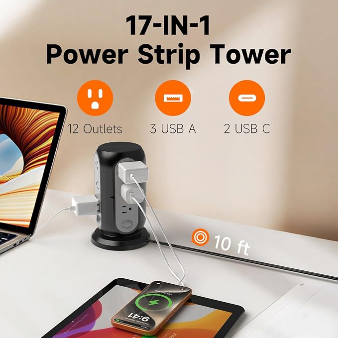 Tower Power Strip with 12 Outlets and 5 USB Ports (2 USB-C), Flat Extension Cord 10 Ft, Surge Protection 1250W Multiple Outlets Charging Station for Home Office Dorm Room