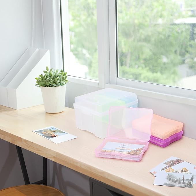 COSICS Photo Storage Box 4" x 6", Extra Large Transparent Plastic Photo Organizer Craft Keeper with 6 Colorful Inner Case for Cards, Pictures, Stamps, Stickers, Seeds, Office Supplies