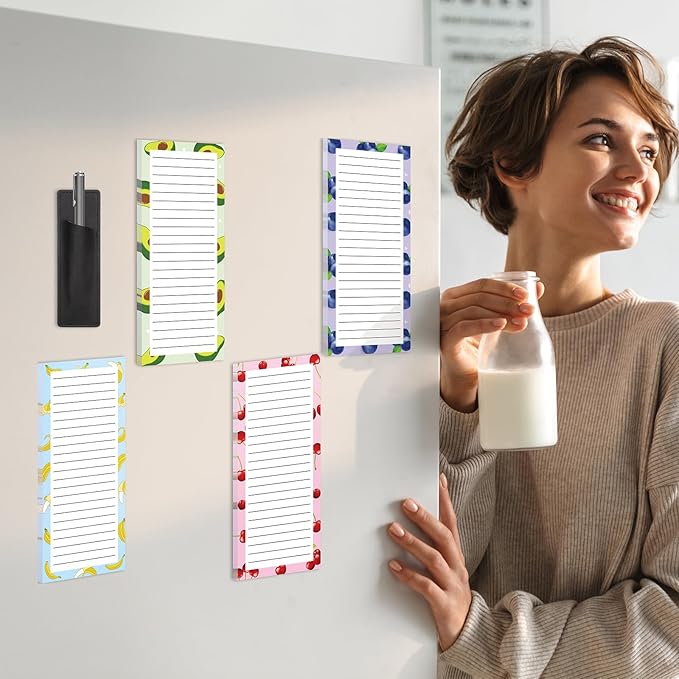 Thboxes 4 Pack Magnetic Note Pad for Fridge, Totally 200 Sheets Grocery List Magnet Pad for Refrigerator Magnetic Shopping List Pad with Pen Holder（Fruit Design）