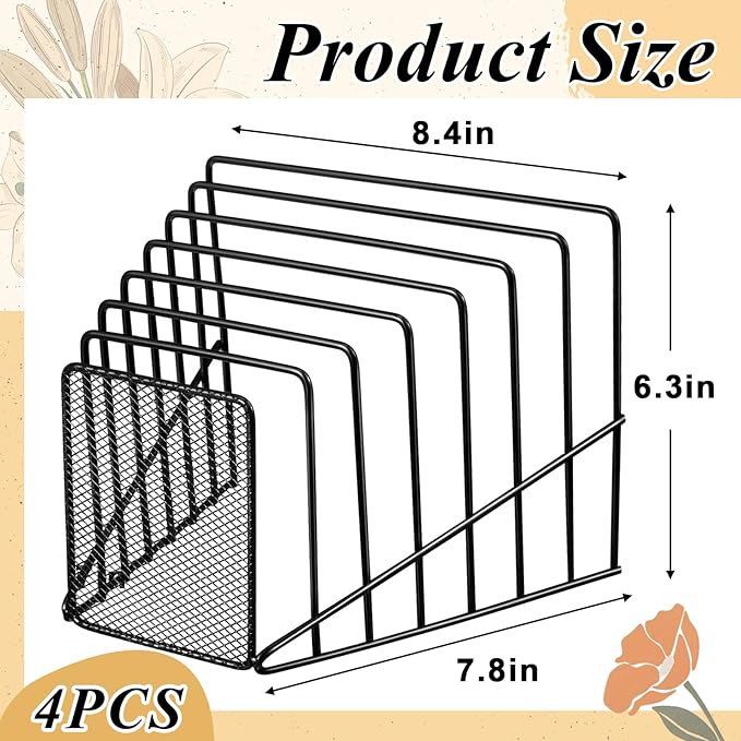 4 Pcs 7 Section Incline File Sorter Metal Wire Mesh File Rack for Desktop Letter Sorter for Magazine Folder Book Organizer Home Office School Paper Mail Desk Storage Holder (Black)