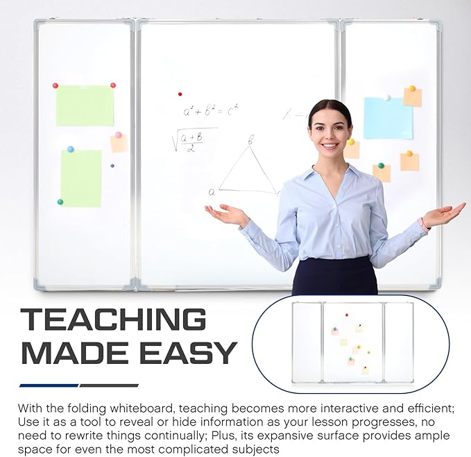 60” x 40” Foldable Whiteboard Dry Erase Board Large Tri Folding Whiteboard Magnetic Dry Erase Board, Wall Aluminium Frame and Flip Out Pen Tray for Office, Home