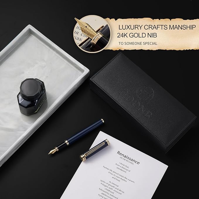 HDDNB Blue Luxury Fountain Pen Set for Men and Women with Gift Box, 24K Gold Finish and Gilded Nib(Medium) with 5 Black Ink Cartridges and Converter