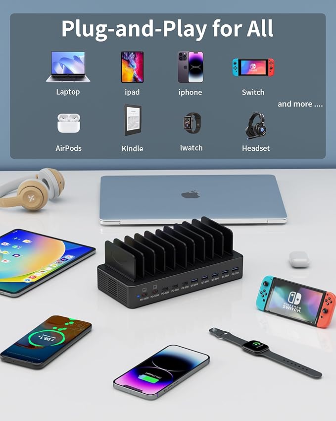 415W Charging Station for Multiple Devices, 10-Port USB C Fast Charger Station, Dual PD 100W Charging Dock with Adjustable Dividers & 6 Cables-Device Organizer for Laptop MacBook, iPhone, iPad