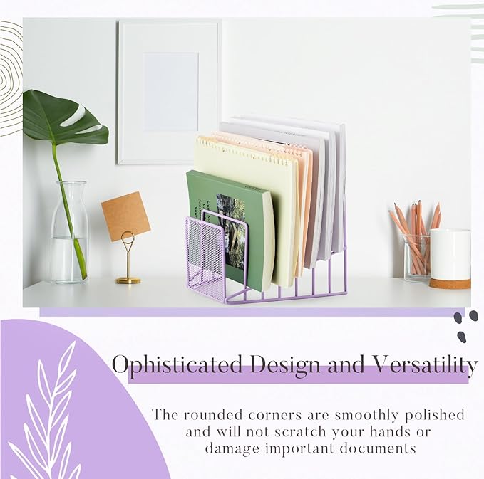 2 Pcs 7 Section Incline File Sorter Metal Wire Mesh File Rack for Desktop Letter Sorter for Magazine Folder Book Organizer Home Office School Paper Mail Desk Storage Holder (Purple)