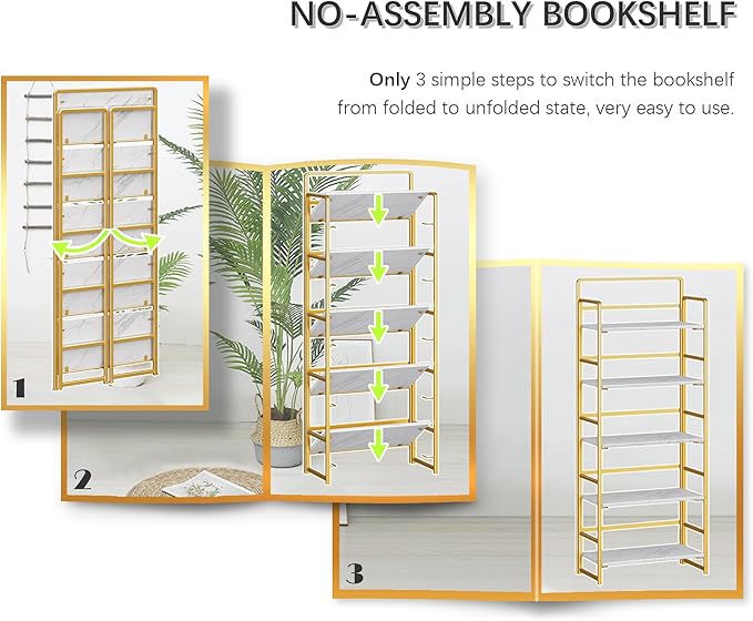 4NM No Assembly 5 Tiers Folding Bookshelf Storage Shelves Vintage Bookcase Standing Racks Study Organizer Home Office (White Gold)