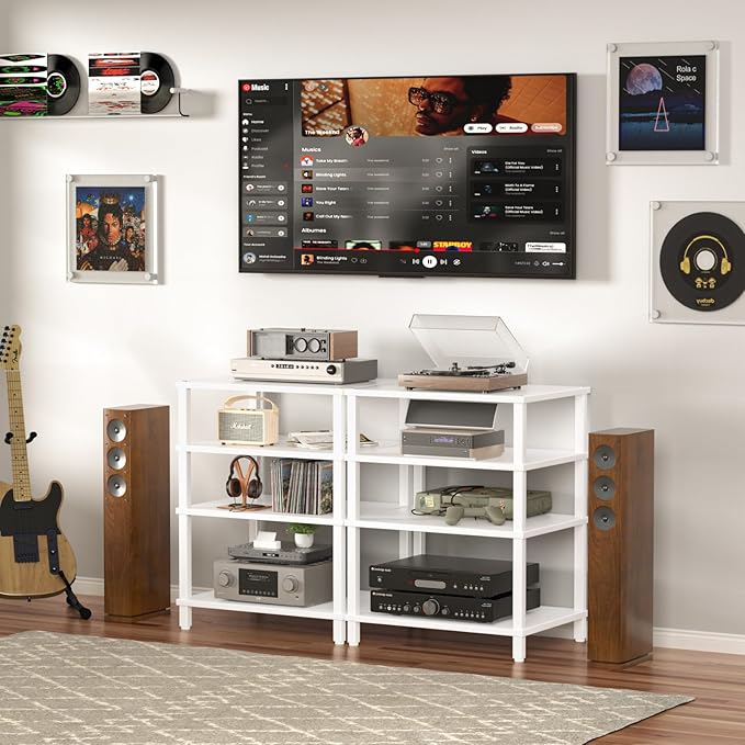 LELELINKY 4-Tier AV Media Player Stand, Stereo Stand, Modern Audio Shelf,Wooden TV Stand,Multifunctional Media Console Shelf, Suitable for Home, Conference Room, White