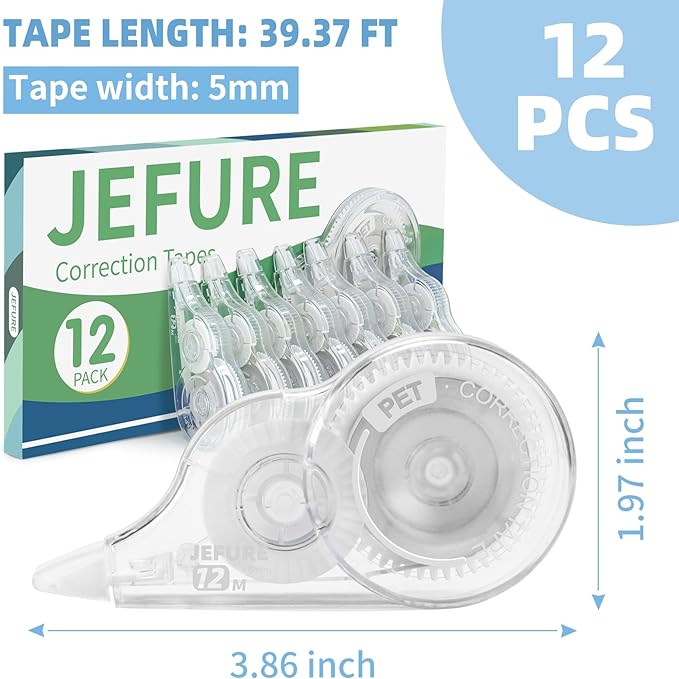 JEFURE 12 Pcs Correction Tape, 39.4 Ft White Wrong Out Tear-Resistant Bulk, Instant Corrections Easy To Use Applicator for School, Office, Note Taking, Journal (Tape Width 0.2 in, Clear)