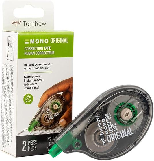 Tombow 68627 MONO Correction Tape, Non-refillable, White, 1/6" x 394", 2 Count (Pack of 1)