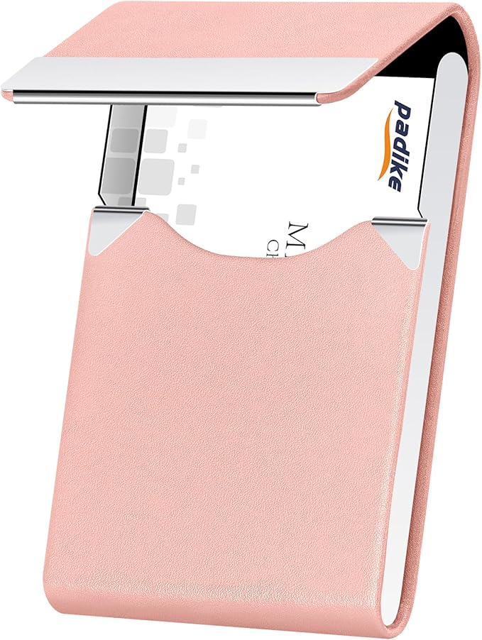 Padike Professional Business Card Holder PU Leather Business Card Case Name Card Holder Slim Metal Pocket Card Holder with Magnetic Shut (Y-Pink)