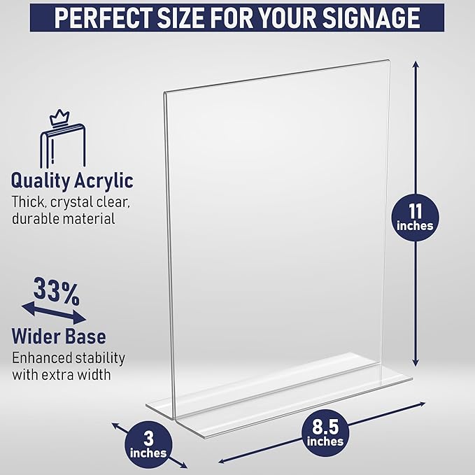 Acrylic Sign Holder 8.5 x 11, T-Shape Tabletop Display Stand, Double-Sided Bottom Load Portrait Frame, Menu and Ad Holder for Restaurants, Promotions, Photos, or Classrooms, Durable Design (3 Pack)