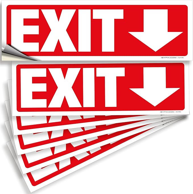 iSYFIX Exit Signs Stickers 6 Pack 12x4 Inch - Laminated Premium Vinyl Directional Down Arrow Signs for Buildings, Office, Workplace, Stores, Schools, Theaters, Parking, Restaurants, Factories