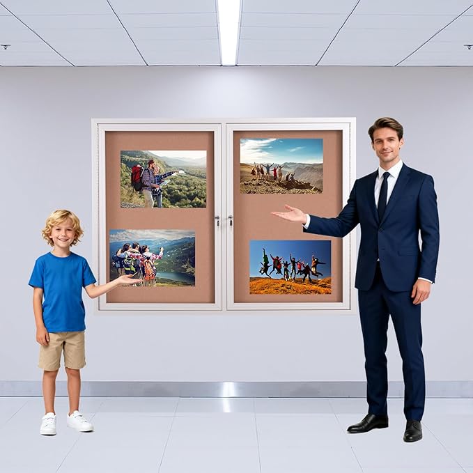 48x36 Inch Lockable Enclosed Bulletin Board, Weather-Resistant Outdoor Noticeboard with 2 Locking Doors, Wall-Mounted Silver Aluminum Frame & Cork Presentation Board