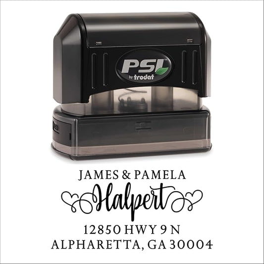 PrettySweetParty Self Inking Return Address Stamp - Custom 4 Line Personalized Address Stamp for Envelopes, Wedding Invitations, Business, Mailing Labels (Halpert Heart Tails)