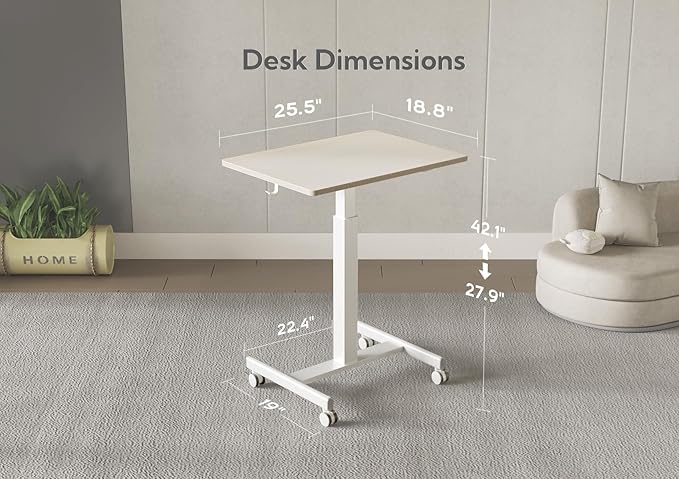 YDN Mobile Mobile Standing Desk, Adjustable Height Portable Laptop Desk with Lockable Wheels, 25.5" x 18.8" Rolling Desk with Hook for Computer Workstation, Natural