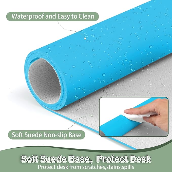 Boutilon Leather Desk Pad Protector,Non-Slip Mouse Pad,Laptop Desk Pad,Office Mouse Mat,Waterproof Leather Desk Blotter,Desk Writing Pad for Office and Home (S-Blue,24"x 14")