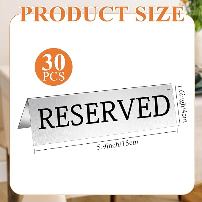 Milkary 30Pcs Metal Reserved Table Signs, Double Sided Reserved Seating Signs with Protect Film, Table Tent Stand Tents Reserved Sign for Wedding Restaurant Parties Ceremony 5.9 x 1.6 Inch Silver