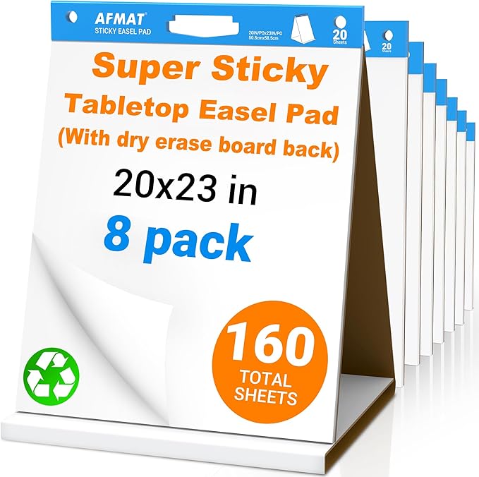 AFMAT Tabletop Sticky Easel Pad & Dry Erase Board 2 in 1, 20 x 23 in Portable Easel Stands for Teachers, Super Sticky & Bleed-Resistant, Ideal for Meetings/Training/Presentation, 20 Sheets/Pad, 8 Pads
