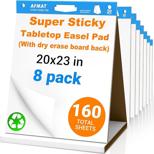 AFMAT Tabletop Sticky Easel Pad & Dry Erase Board 2 in 1, 20 x 23 in Portable Easel Stands for Teachers, Super Sticky & Bleed-Resistant, Ideal for Meetings/Training/Presentation, 20 Sheets/Pad, 8 Pads