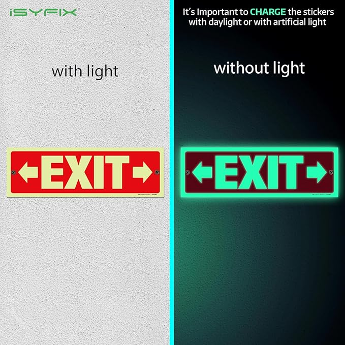 iSYFIX Exit Signs with Directional Right & Left Arrow - 2 Pack 12x4 Inch Glow in the Dark for Business, School, Office, Warehouse - Durable 40 Mil Polystyrene, UV Laminated, Waterproof, Scratch & Fade Resistant