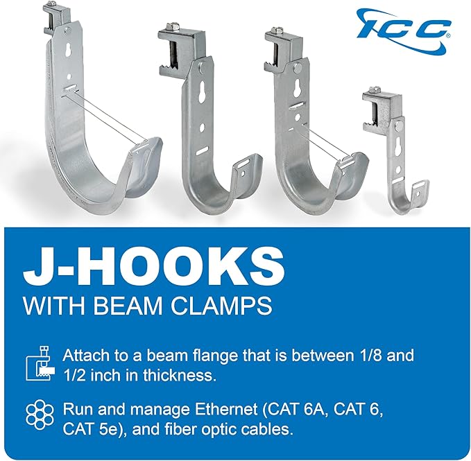 ICC Beam Clamp J Hook 4” with Retainer Clip - Galvanized Steel Cable Management Hooks for Hanging Cable to Beams - Rust-Resistant, EIA and TIA Compliant - 4 Inch 25 Pack