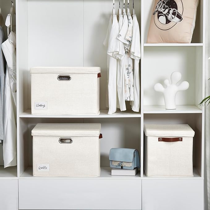 Roobyl 17" Large Collapsible Storage Bins with Lids, Stackable Closet Organizers with PU Handle and Labels, 3-Pack Decorative Fabric Storage Boxes for Home, Bedroom, Closet, Office, Nursery(White)