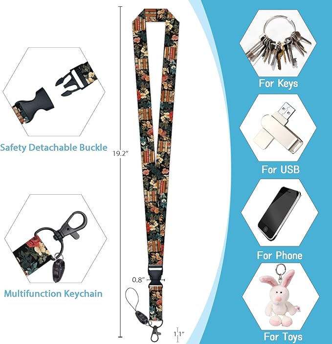 ID Badge Holder with Lanyard, Lanyards for ID Badges ID Card Holder, Cute Badge Reel Badge Clip Retractable, Teacher Nurse School Student Office Gifts Vintage Floral Bookshelf