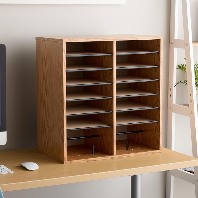 Safco Wood Adjustable Literature Organizer, 16 Compartment with Adjustable Shelves, CDs Storage, and Durable Laminate Finish, for Home Office, Classroom, and Craft Room