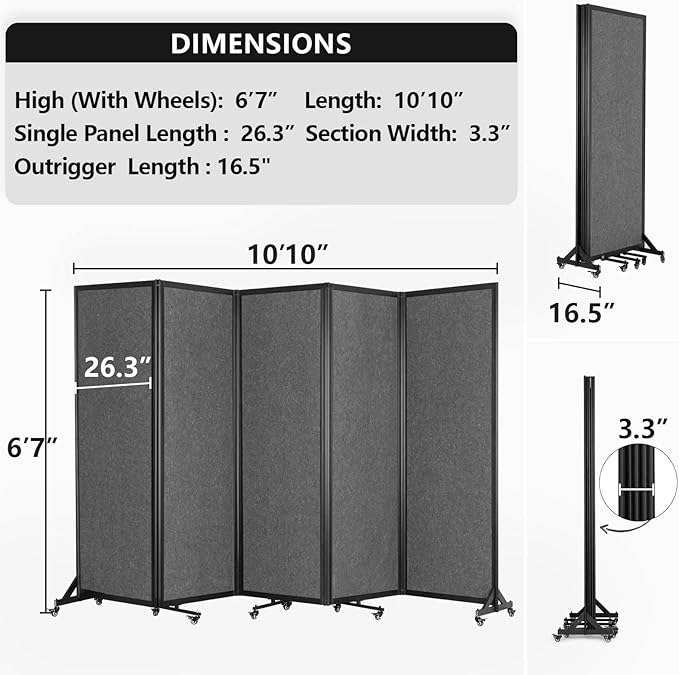 Strongbird Room Partition,Folding Privacy Divider,Office Partition Dividers,Office Dividers Wall, 10'6"W x 6'7"H,Grey