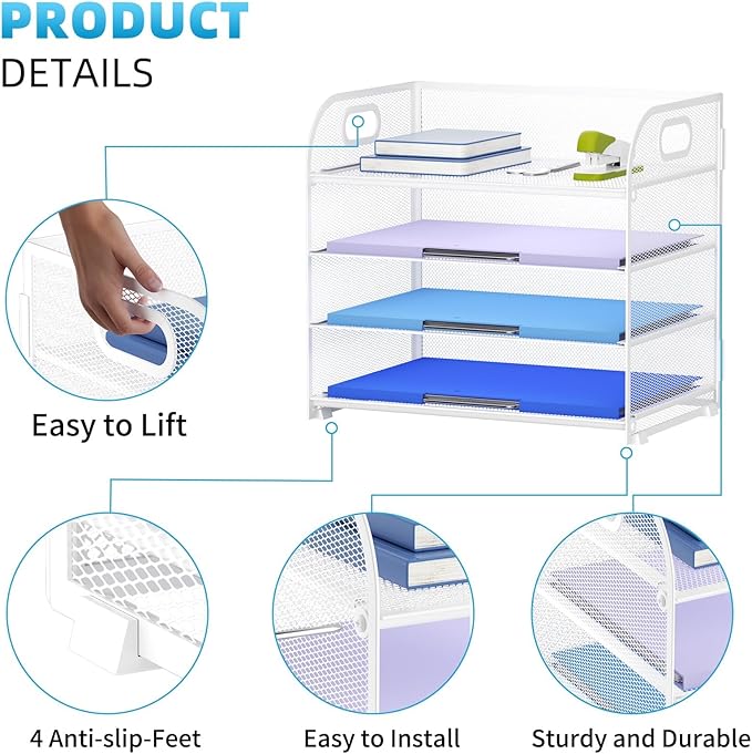 Marbrasse 2 Pack 4 Tier Paper Organizer Letter Tray - Mesh Desk File Organizer with Handle, Paper Sorter Organizer for Letter/A4 Office File Folder Holder (White, 12.6" x 9.1" x 10.7")