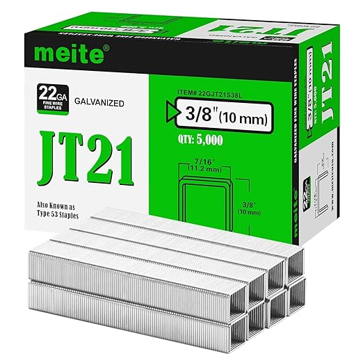 meite JT21 Staples, 3/8 Inch Galvanized Fine Wire Staples for Staple Gun - 7/16" Crown JT21 Staple Refill, Ideal for Upholstery, Crafts, Furniture (1 Case)