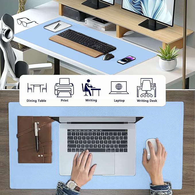 PU Leather Desk Pad Protector Gaming Mouse Pad Non Slip Desk Mat for Keyboard and Mouse Waterproof Desk Writing Pad for Office and Home Desk Accessories(Blue, 31.5 * 15.7)