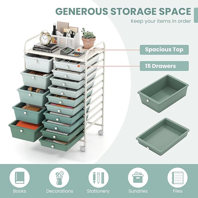 DORTALA 15-Drawer Rolling Storage Cart with Drawers, Rolling Utility Cart w/Removable Drawers & Universal Wheels, Tools Scrapbook Paper Organizer for School, Office, Home, Classroom (Gradient Green)
