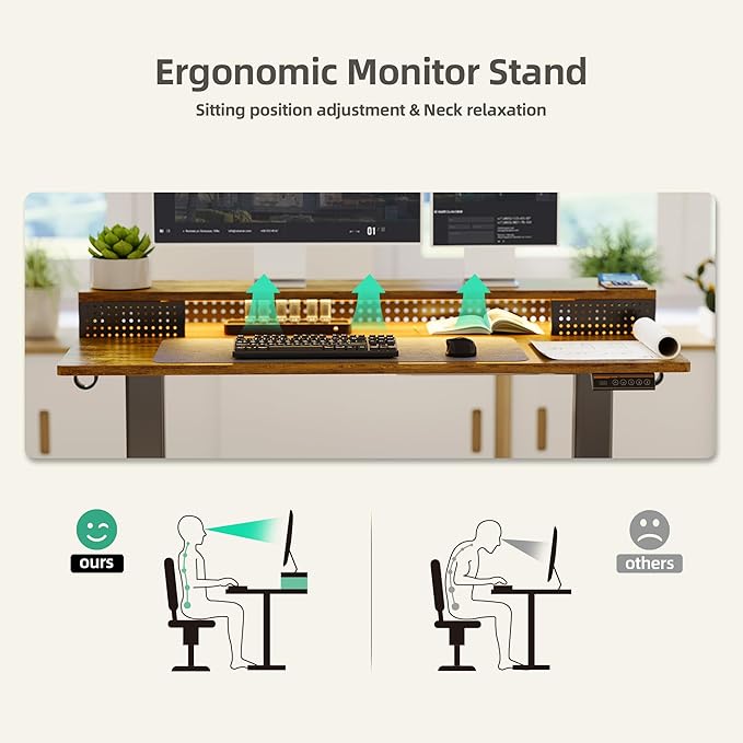 Claiks Electric Standing Desk with Shelf, 55 Inch Height Adjustable Standing Desk with LED Lights & Monitor Stand, Black Frame/Rustic Brown Top