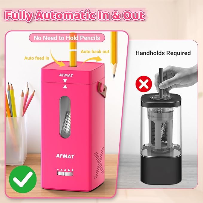 AFMAT Electric Pencil Sharpener, Fully Automatic Pencil Sharpener, Auto in & Out, Rechargeable Hands-Free Sharpeners for Jumbo & Colored Pencils (6.5-12mm), Portable for Home/Classroom/Office PSC6