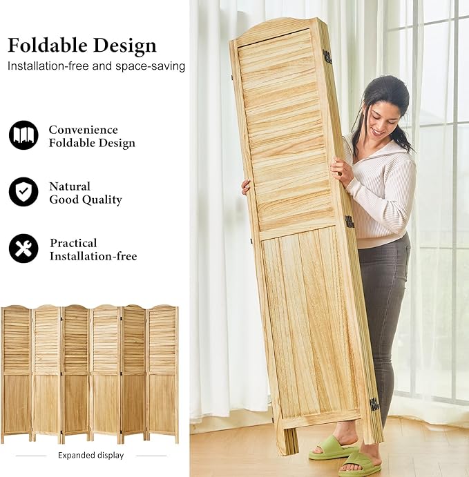 Room Dividers, 5.75Ft Individual Privacy Screens Foldable Wooden Louver & MDF Stable Wall Divider for Home Office Bedroom, 6 Panels (Natural)