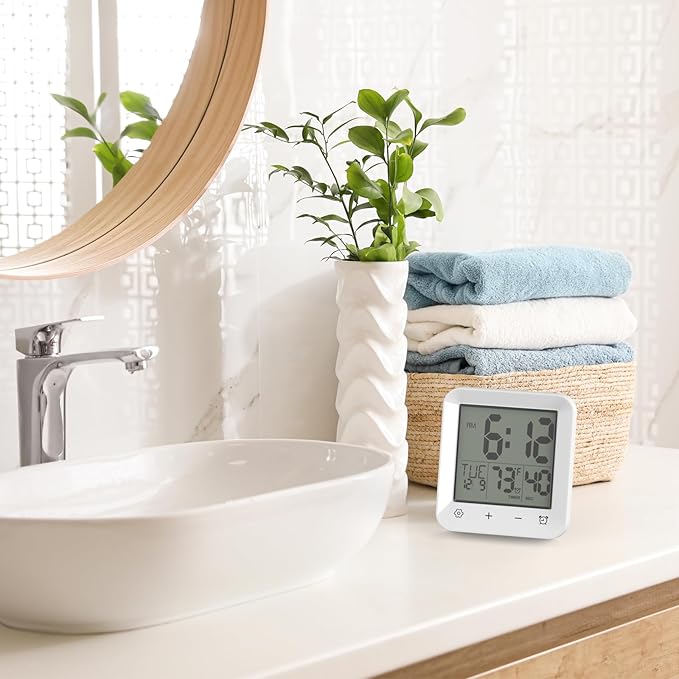 Wisoee Digital Shower Clock Waterproof, Bathroom Wall Clock Timer with Touch Screen, Temperature, LCD Display, Suction Cup Hanging Hole Stand for Kids and Adults