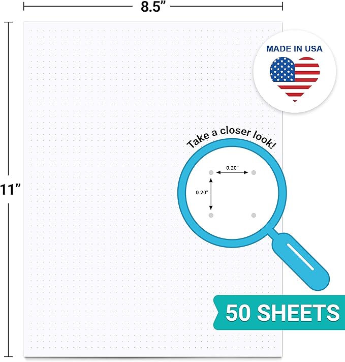 321Done Dot Grid Notepad – Dotted Graph Paper, Letter Size Large (8.5x11) – Made in USA – 50 Sheets Dotted for Bullet Planning Journaling Thick Paper 1/5” (0.20") Dots Notes Writing White