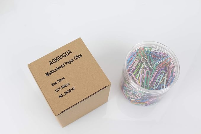 AOKIVIGOA 500pcs Coloured Paper Clips with Plastic Box of Paper Clips for Office Stationery 33mm 20 Colors Multicoloured I
