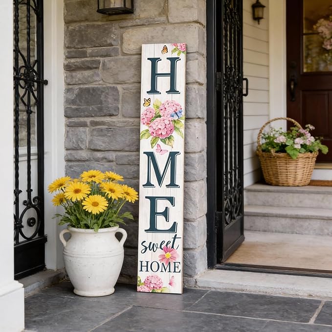 Home Sweet Home Welcome Sign for Front Porch, 47" Wood Framed Porch Sigh Spring Hydrangea Flower Decorations with Hanging Rope, Farmhouse Yard Signs Home Decor for Outdoor Patio Easter Gift