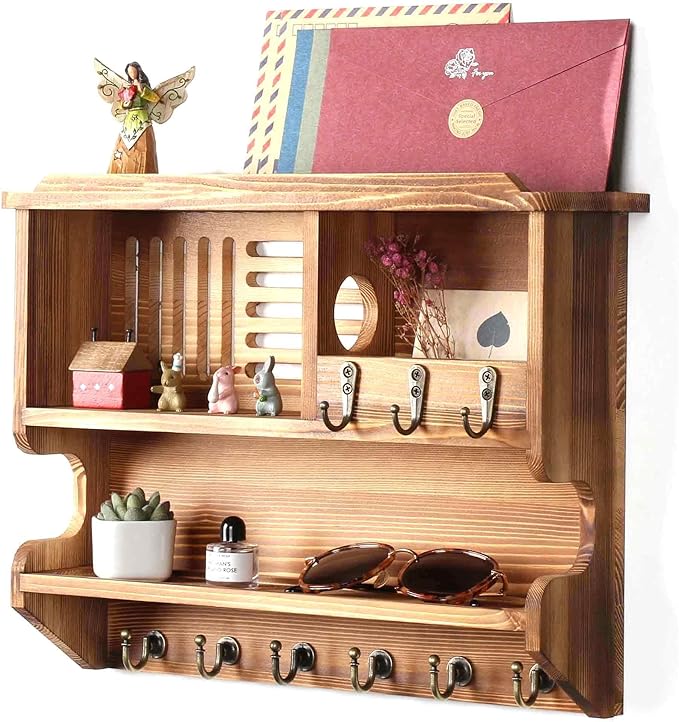 Mutsault Key Holder for Wall, Mail and Key Holder for Home Decor, Key and Mail Holder for Wall with Key Hooks, Brown