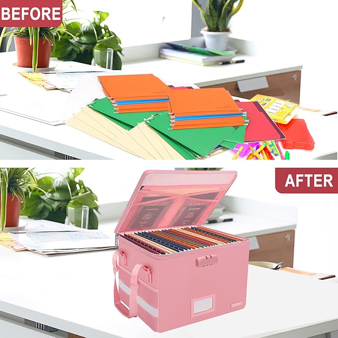ENGPOW File Box with Lock, Fireproof Document Box with Zipper＆Pockets, Collapsible File Organizer Filing Storage Cabinet with Handle, Portable Home Office Safe for Hanging Letter/Legal Folder, Pink
